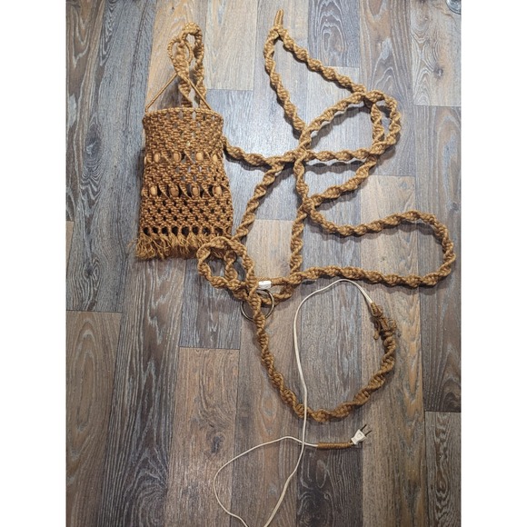 Vintage 70s Macrame Swag Lamp Jute Beaded Hanging Light Boho Mid Century Modern